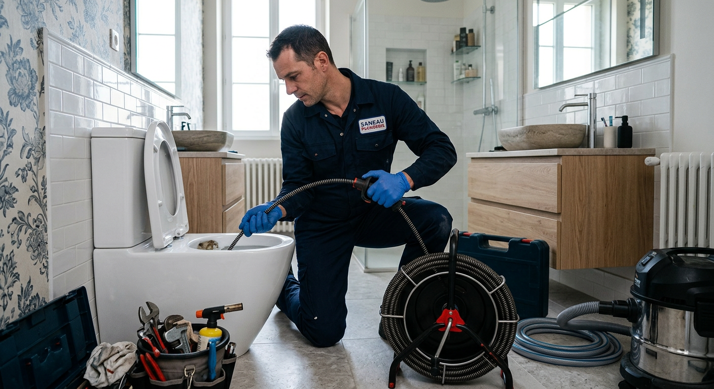 Plombier débouchant des WC avec un furet rotatif à Massy